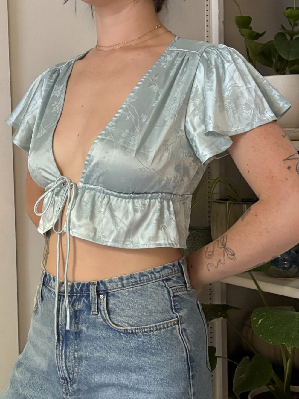 Blue Floral Satin Tie-Front Top
